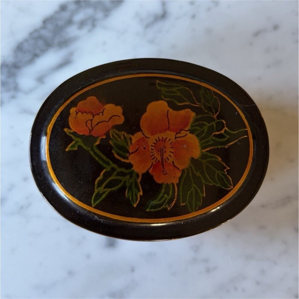 Hand Painted Wood Oval Floral Trinket Box Brown Gold Red Decorative Small